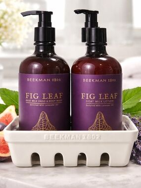 Beekman 1802 Fig Leaf Goat Milk Body Soap & Lotion Set 12.5oz Ceramic Dish